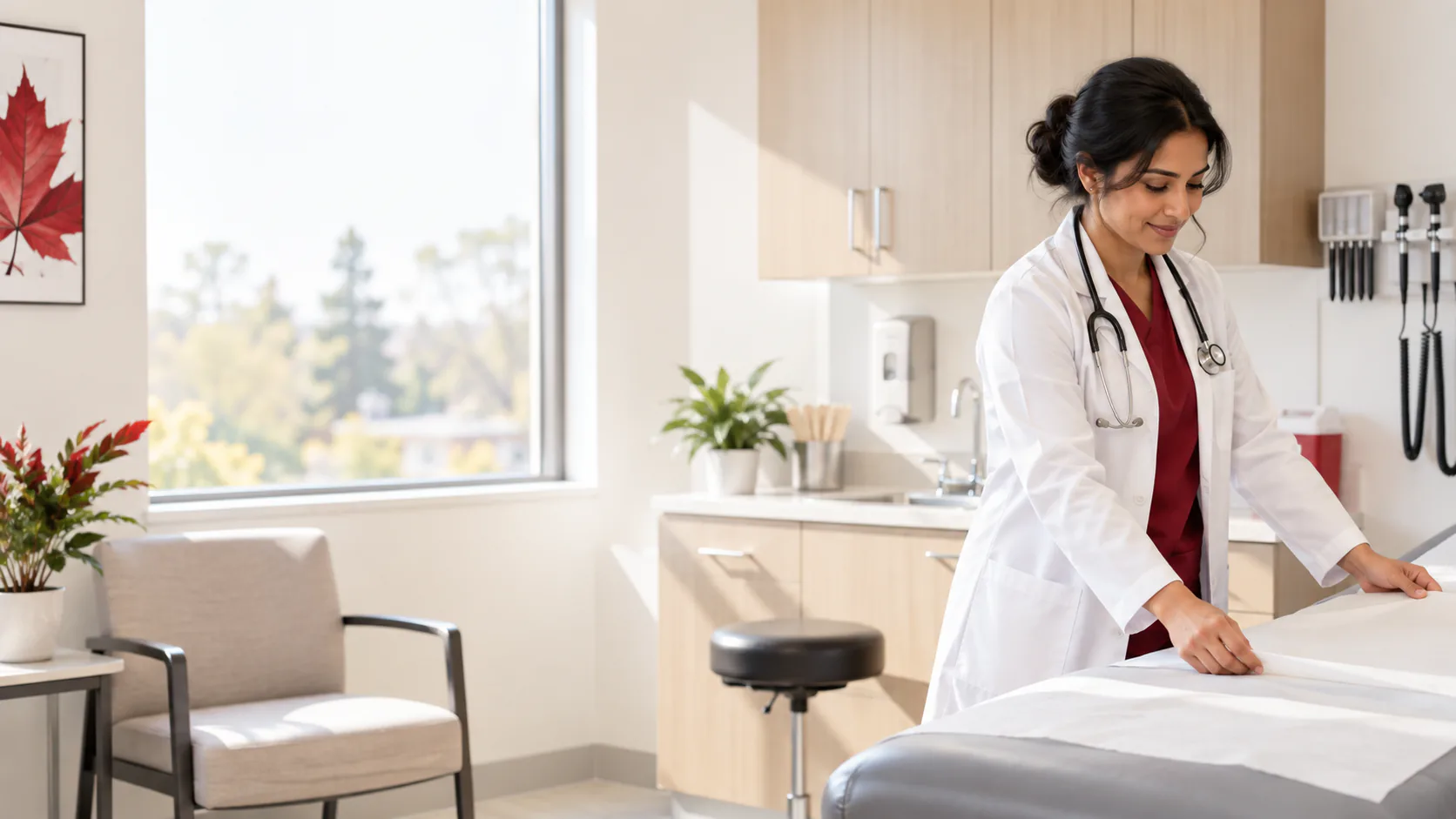 Physician preparing an examination table in a bright medical clinic
