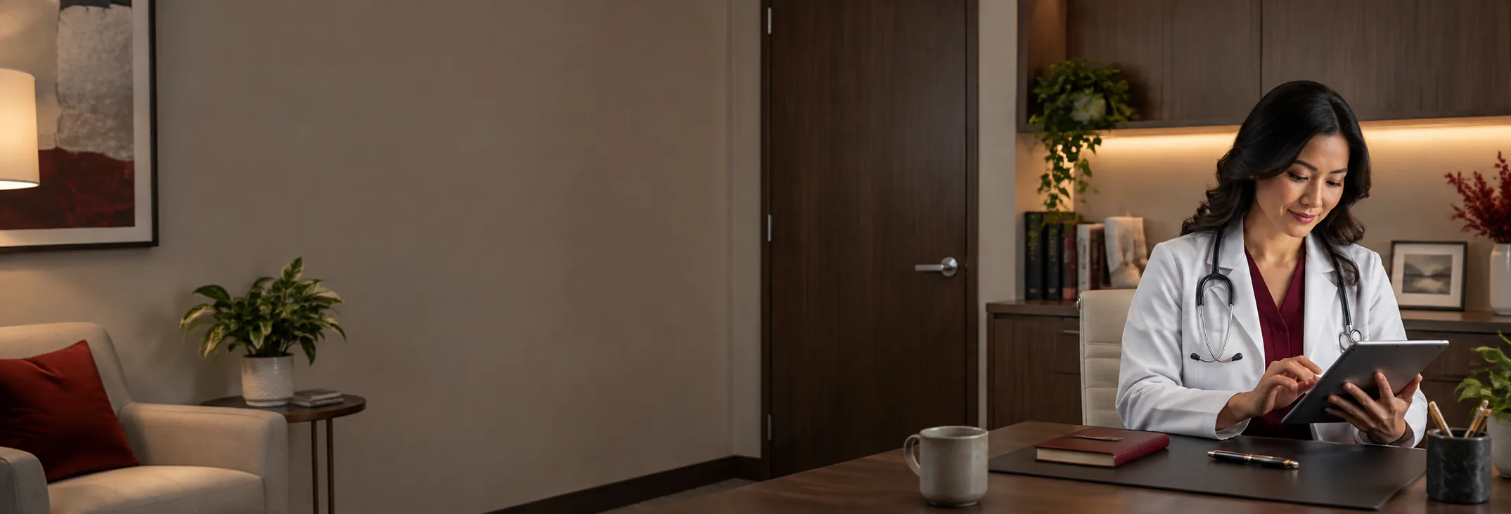 Physician reviewing information on a tablet in a clinic office